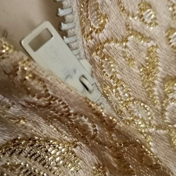 Vintage Couture Gold Brocade Cocktail Dress Cream M Bow Pouf Collar Short Sleeve - Picture 8 of 10